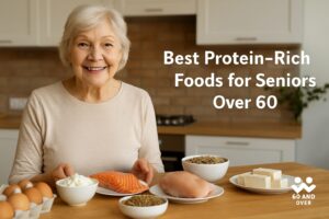 How to Use Health Apps to Track Your Fitness and Wellness Goals 13 Smiling senior woman in a kitchen with protein-rich foods like eggs, salmon, chicken, tofu, and lentils, next to the text “Best Protein-Rich Foods for Seniors Over 60