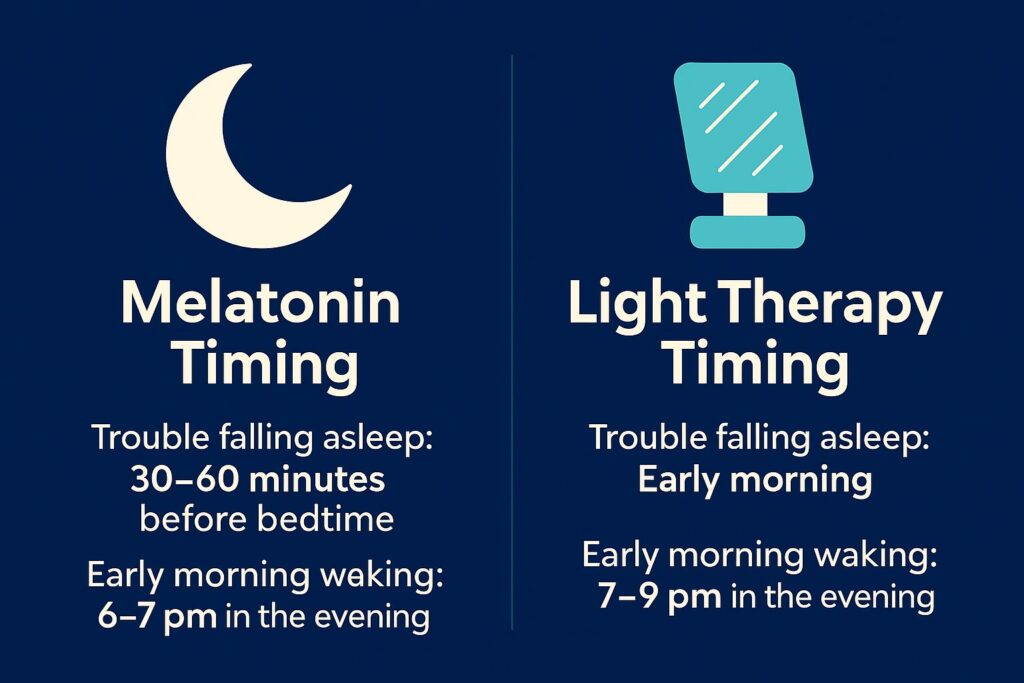 Best Timing Guide for Seniors: When to Take Melatonin and Use Light Therapy 19 Infographic for seniors showing best timing for melatonin and light therapy, with clock icons illustrating evening and morning use for different sleep problems.