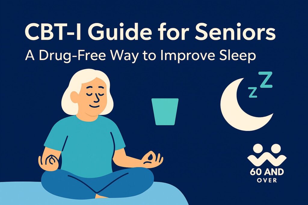 CBT-I Guide for Seniors: A Drug-Free Way to Improve Sleep 18 Illustration for article “CBT-I Guide for Seniors,” showing a relaxed senior in bed with icons of a brain, calendar, and moon symbolizing cognitive behavioral therapy for insomnia.