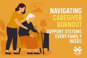 Senior caregiver taking a quiet break with tea, symbolizing support systems to manage caregiver burnout. Branded with 60AndOver.net logo.