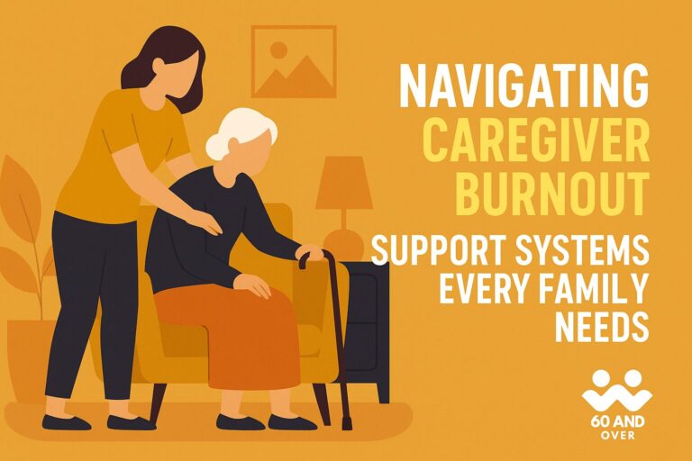 Blog List 2 Senior caregiver taking a quiet break with tea, symbolizing support systems to manage caregiver burnout. Branded with 60AndOver.net logo.