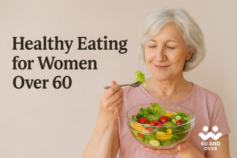 Older woman smiling while holding a fresh salad bowl with text "Healthy Eating for Women Over 60" and 60AndOver.net logo in the bottom right.