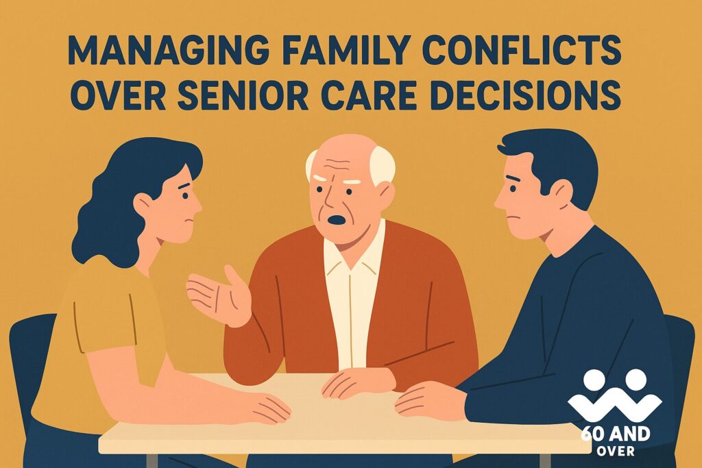 Managing Family Conflicts Over Senior Care Decisions 2 Family members discussing senior care decisions at a table, representing how to manage conflicts with communication and fairness. Branded with 60AndOver.net logo.
