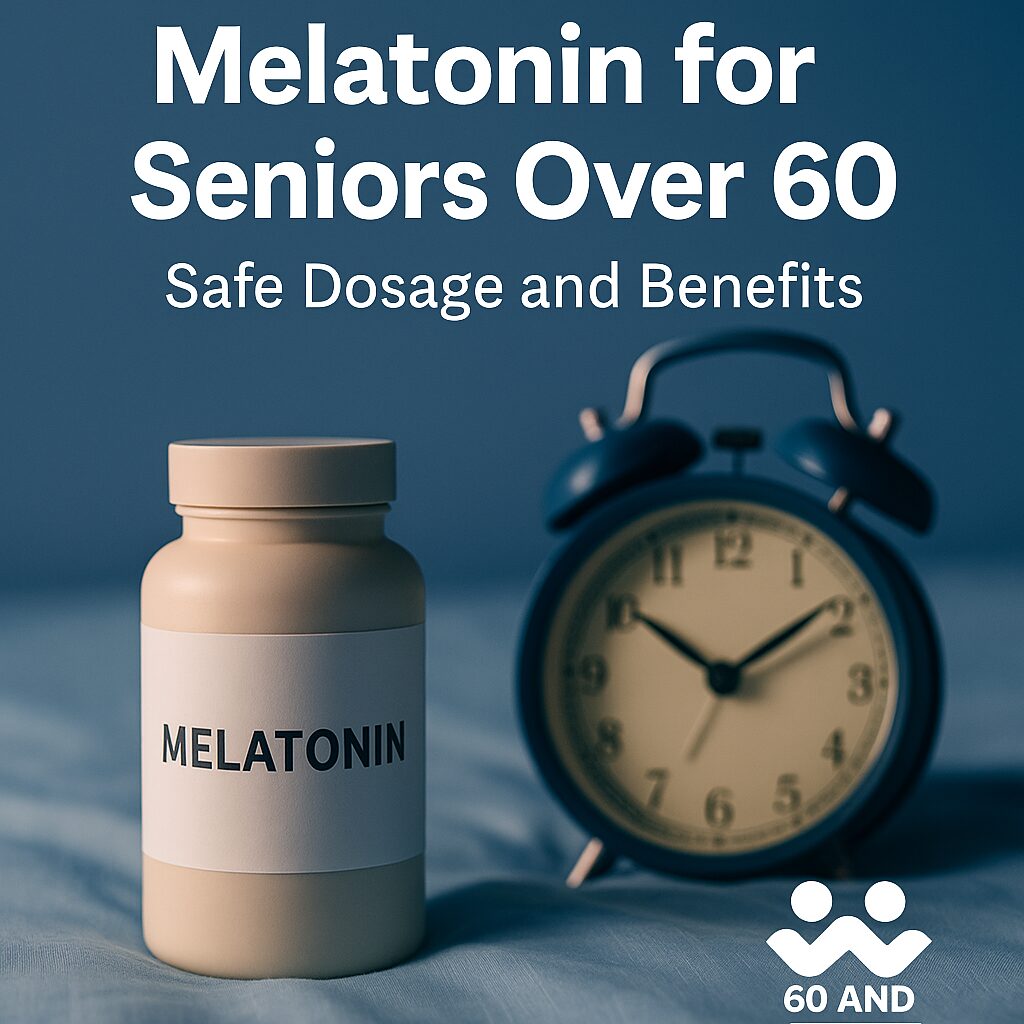 Senior peacefully sleeping in a calm bedroom, with a clock and melatonin supplement symbol.