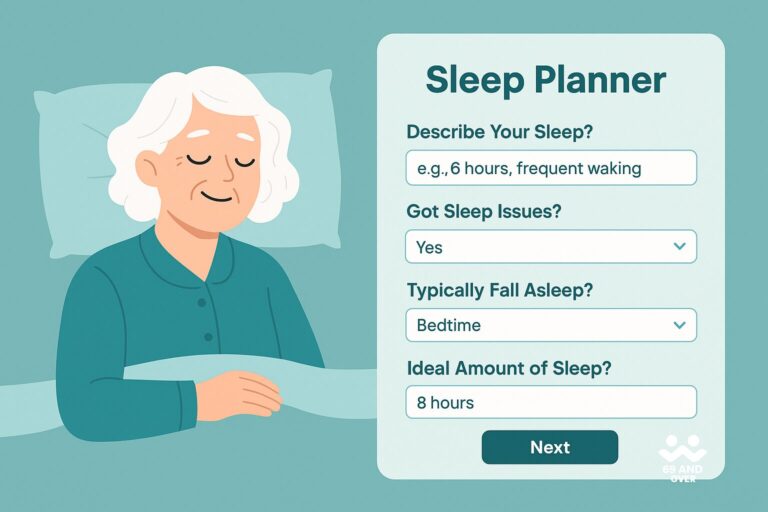 Illustration of a senior woman sleeping peacefully with icons representing personalized sleep tools and bedtime routines.