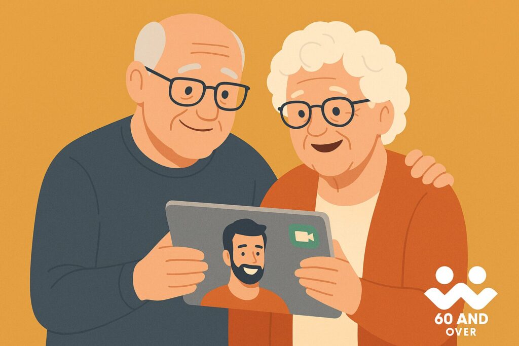 The Role of Technology in Staying Connected With Family Over 60 4 Senior couple using a tablet to video call family, symbolizing the role of technology in staying connected with loved ones over 60. Branded with 60AndOver.net logo.