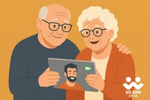 Senior couple using a tablet to video call family, symbolizing the role of technology in staying connected with loved ones over 60. Branded with 60AndOver.net logo.
