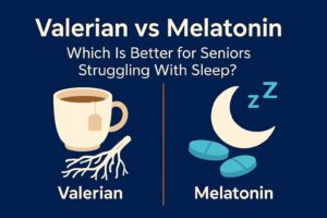 Easy Exercises for Seniors to Improve Balance 11 Split illustration comparing valerian root tea with herbs on one side and melatonin pills with moon and stars on the other, representing two natural sleep aids for seniors.