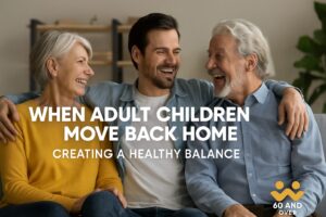 New Hampshire Senior Communities 8 Parents and adult child spending time together at home, featured in the article When Adult Children Move Back Home: Creating a Healthy Balance. Branded with 60AndOver.net logo.