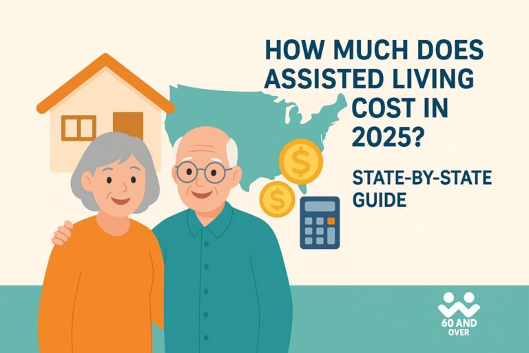 Senior couple with cost comparison icons – Assisted Living Costs 2025 | 60AndOver.net