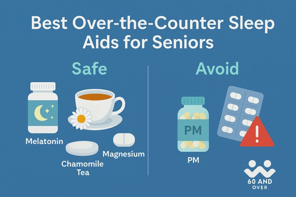 Natural OTC sleep aids including melatonin, chamomile tea, magnesium, and valerian root, with a caution sign on a PM pill bottle.