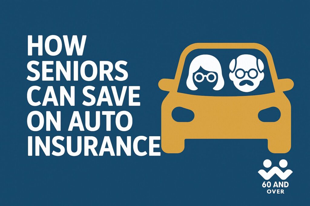 Senior couple smiling next to their car with article title 'How Seniors Can Save on Auto Insurance' and 60AndOver.net logo at bottom right.