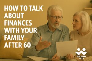 Senior Discounts You Didn’t Know Existed: Save on Travel, Dining, and More 5 Senior couple and adult children discussing finances at home, featured in the article How to Talk About Finances With Your Family After 60 (2025 Guide). Branded with 60AndOver.net logo.