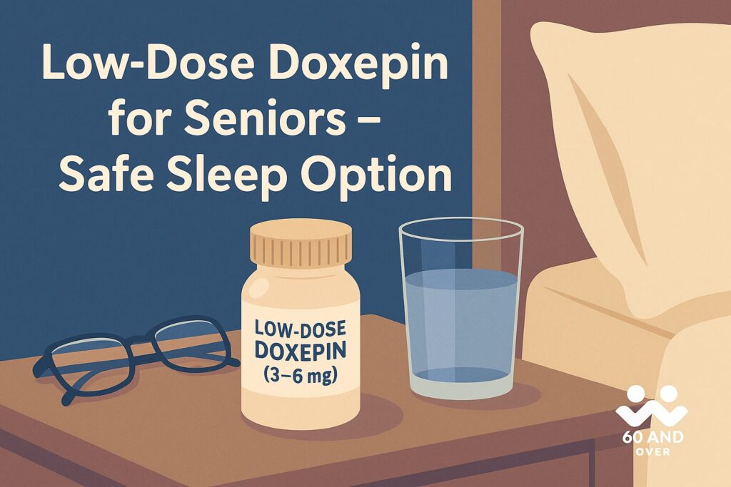 Understanding Low-Dose Doxepin for Sleep 2 Alt: Bedside table with low-dose doxepin pill bottle, reading glasses, and water.