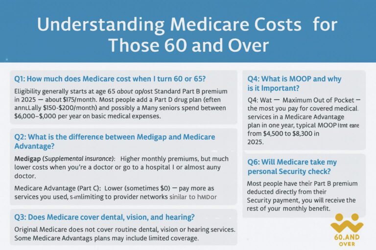 Featured image for the article 'The Ultimate Guide to Medicare Costs After 60 (2025 Update)' showing a Medicare cost estimator design with the 60AndOver.net logo in gold at the bottom right.