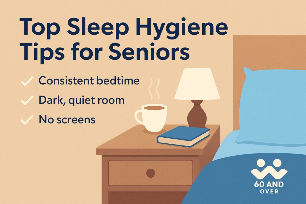 Top Sleep Hygiene Tips for Seniors 15 Cozy senior bedroom scene with lamp, book, and herbal tea on the nightstand, symbolizing healthy sleep hygiene habits.