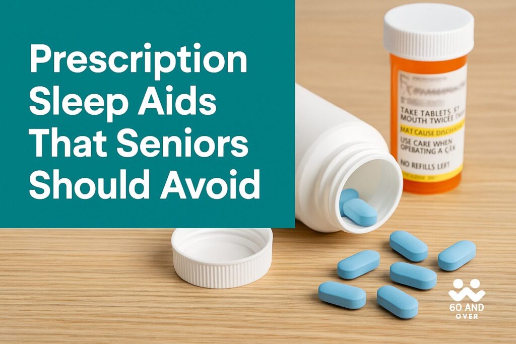 Prescription Sleep Aids That Seniors Should Avoid 6 Split image showing unsafe sleep medications with caution symbol and safe alternatives like tea, magnesium, and moon.
