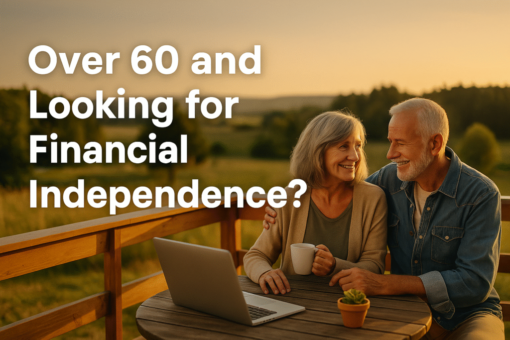 Over 60 and Looking for Financial Independence: A Complete, Doable Guide 4 Inspirational banner with text “Over 60 and Looking for Financial Independence” on a soft blue and gold background.