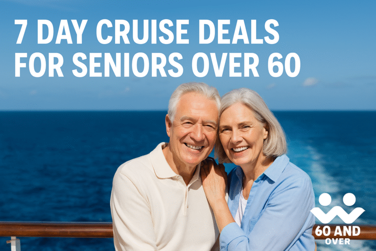 Blog List 12 Senior couple smiling on a cruise ship deck with ocean backdrop and text overlay promoting 7-day cruise deals for seniors over 60.