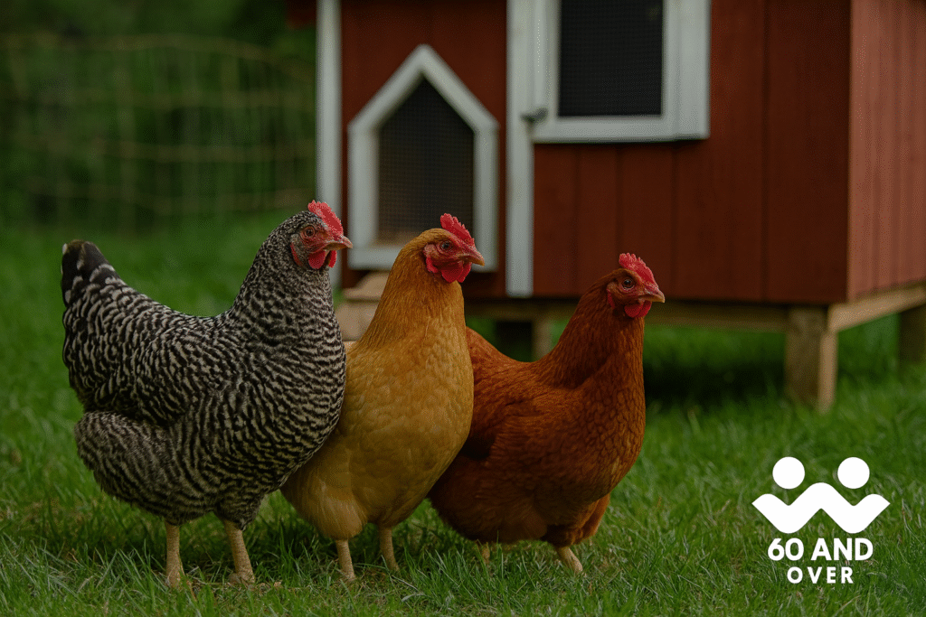 Backyard chickens near a small coop with 60AndOver.net logo bottom right