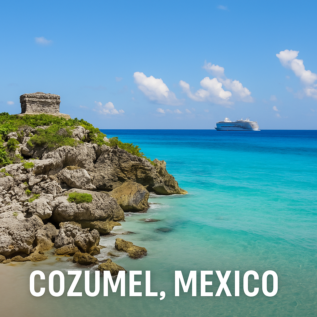 Caribbean Cruises for Seniors 3 Scenic view of Cozumel with turquoise waters, rocky coastline, and Mayan ruins
