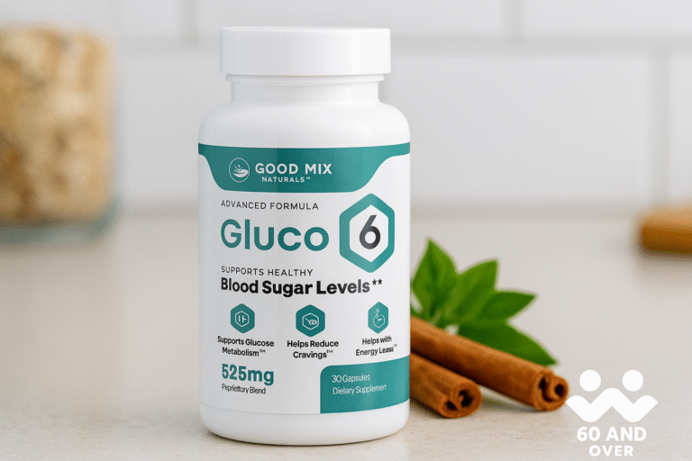 Blog List 11 Gluco6 supplement bottle with 60AndOver.net logo – Blood Sugar Support Review