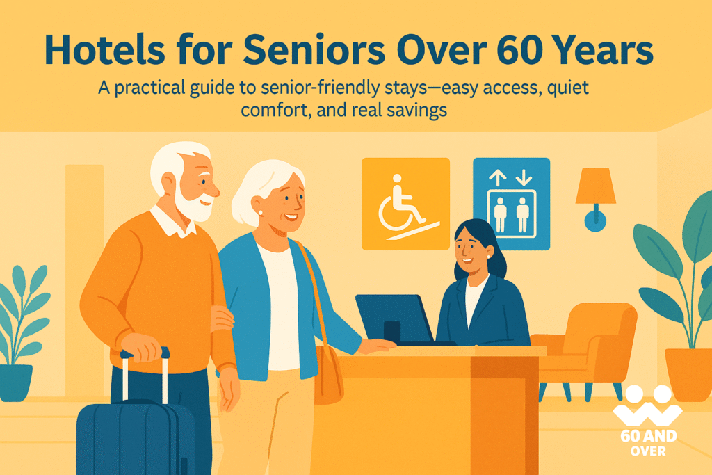 Senior couple checking into an accessible hotel lobby with elevator and wheelchair signage – 60AndOver.net