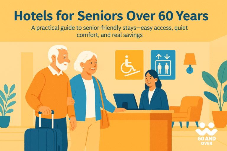 Blog List 15 Senior couple checking into an accessible hotel lobby with elevator and wheelchair signage – 60AndOver.net