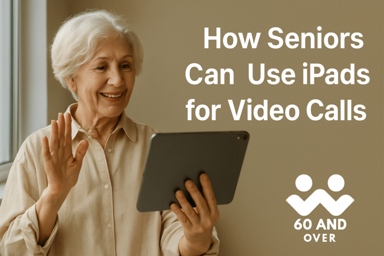Blog List 20 Senior using an iPad for a video call — easy step-by-step guide with the 60AndOver.net logo.