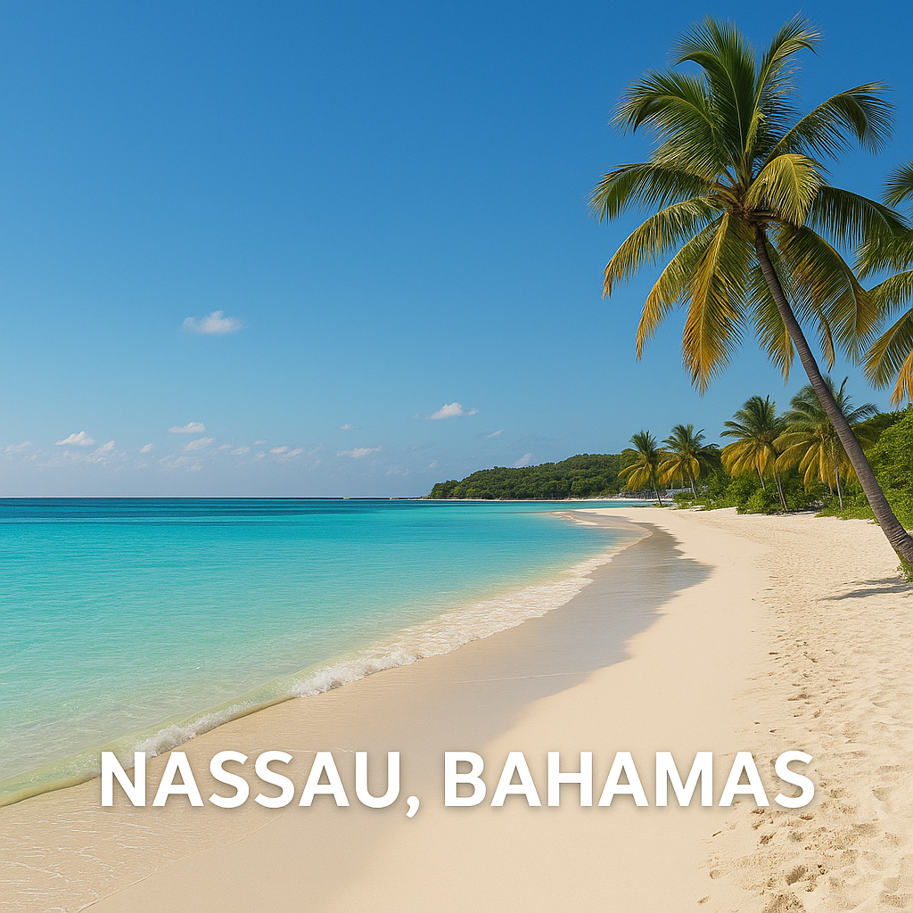 Caribbean Cruises for Seniors 4 White sandy beach in Nassau with turquoise water, palm trees, and cruise ship in the distance