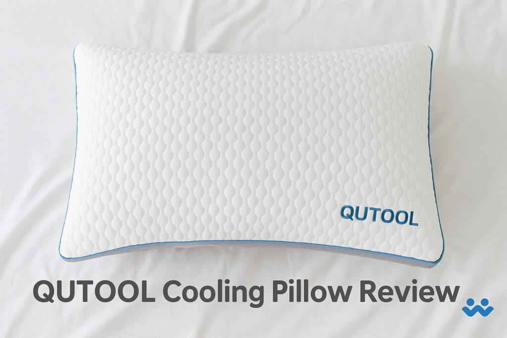 QUTOOL cooling memory foam pillow with breathable mesh cover on a neatly made bed, featured in 60 And Over review.