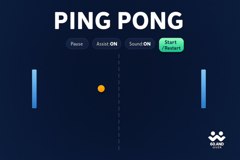 Blog List 13 Senior-friendly Ping Pong game powered by 60AndOver.net, playable online in any browser.