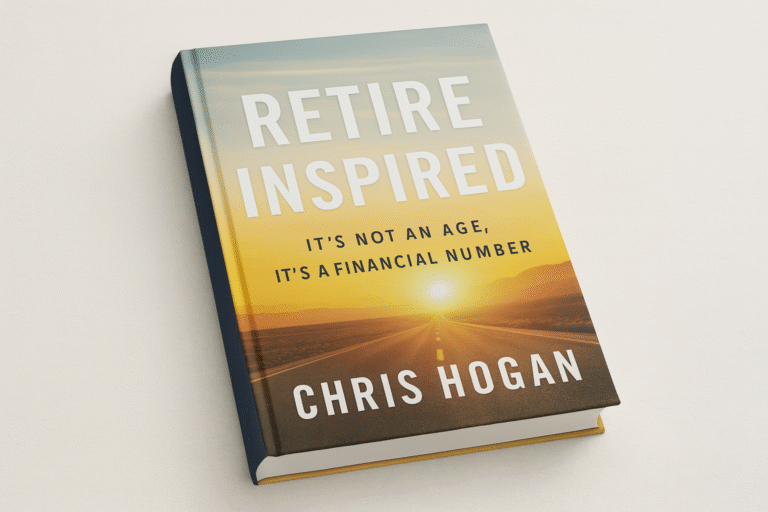 Blog List 7 Illustration of the book cover Retire Inspired by Chris Hogan with 60AndOver.net branding.