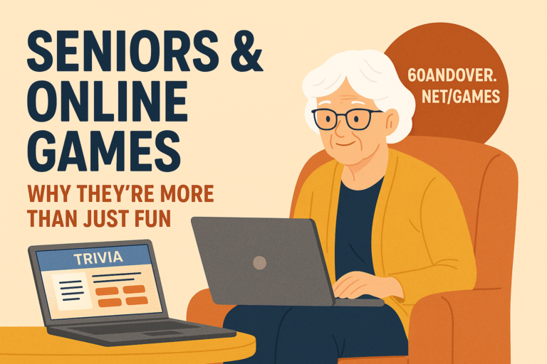 Senior woman smiling while playing a trivia game on her laptop, promoting seniors’ online games.