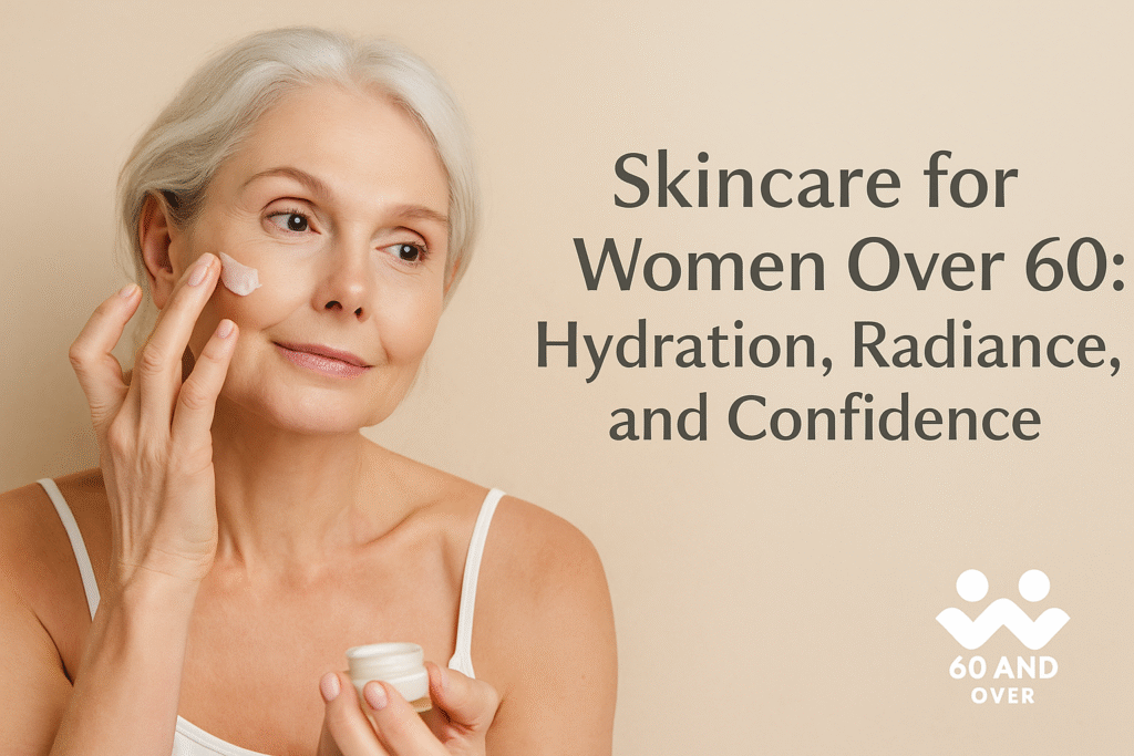 Mature woman with silver hair applying moisturizer, representing skincare for women over 60 with hydration, radiance, and confidence message.