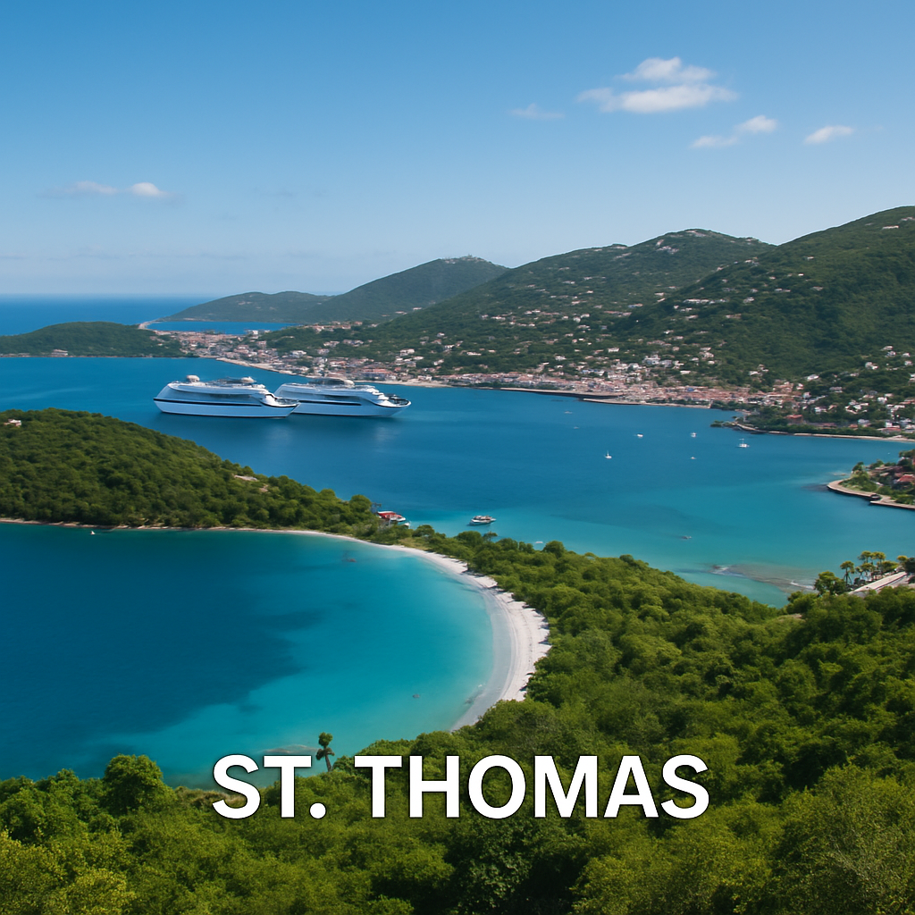 Caribbean Cruises for Seniors 5 Aerial view of Magens Bay in St. Thomas with green hillsides and cruise ships in the harbor