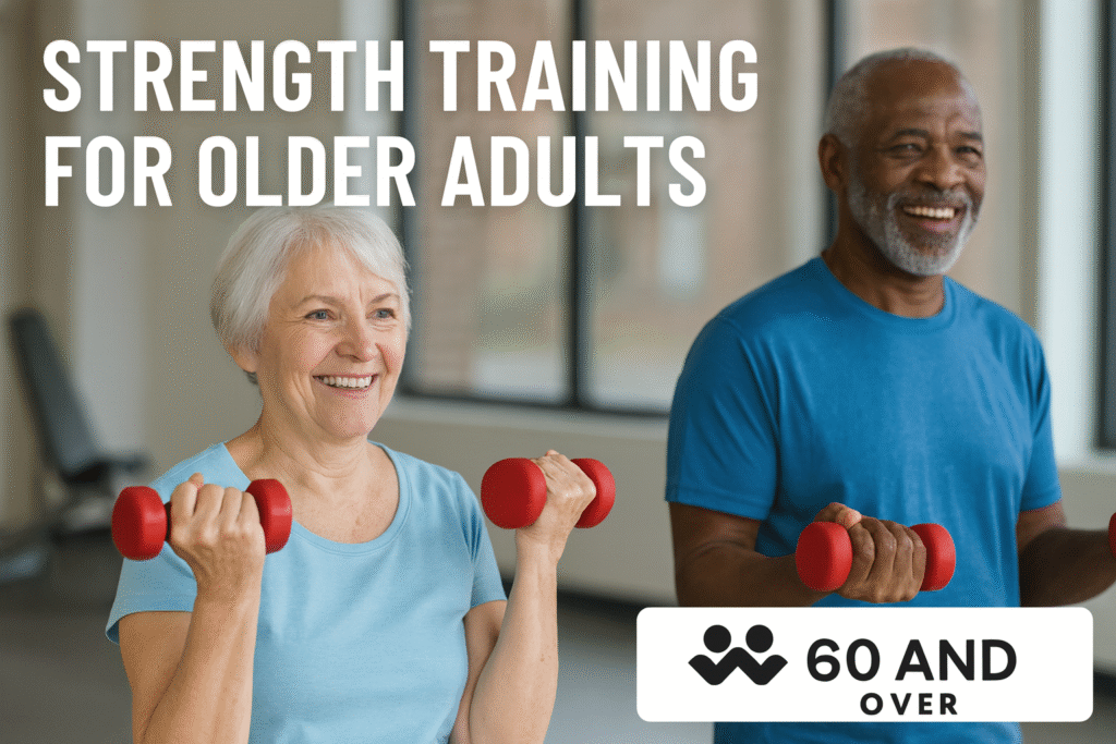 Strength training for older adults – seniors lifting light dumbbells in a bright gym.