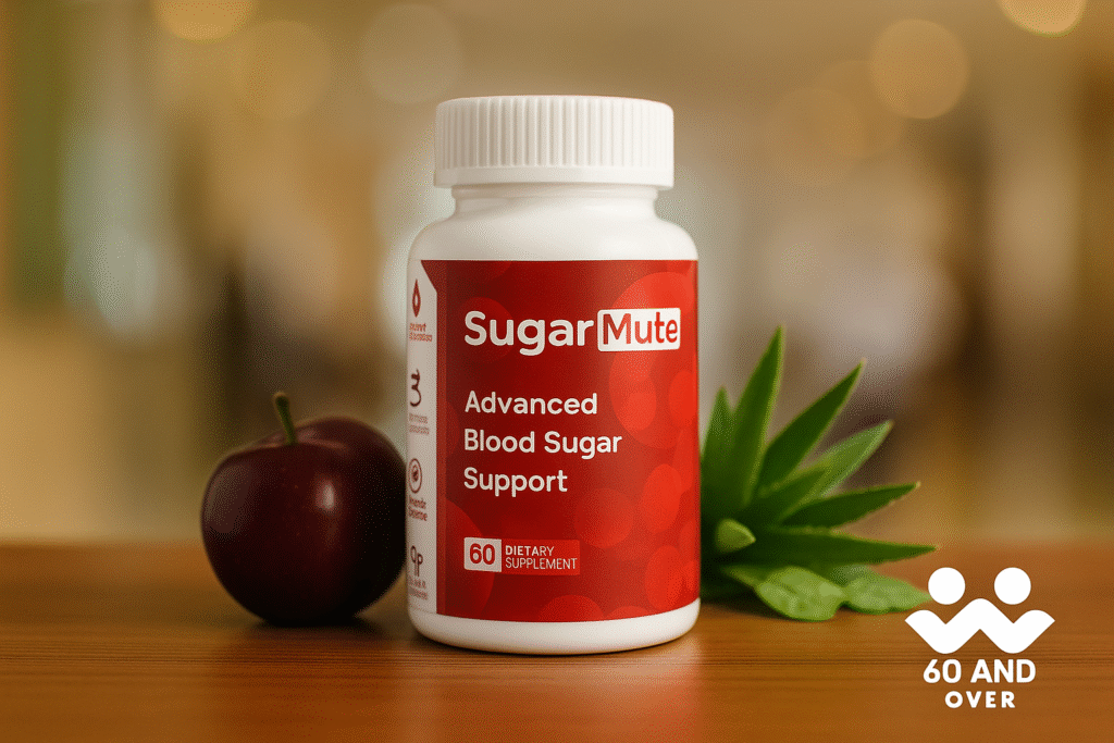 SugarMute supplement bottle with 60AndOver.net logo – Advanced Blood Sugar Support