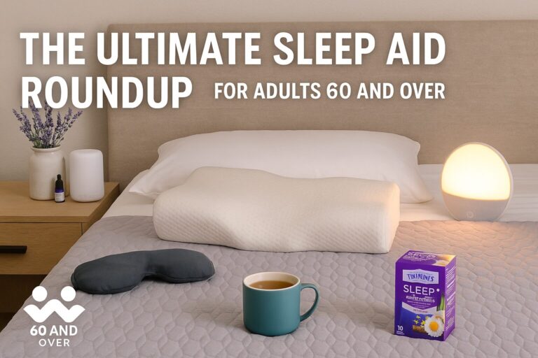 Blog List 5 Senior-friendly bedroom with multiple sleep aids — orthopedic pillow, weighted blanket, white noise machine, lavender diffuser, and chamomile tea — featured in 60 And Over roundup.