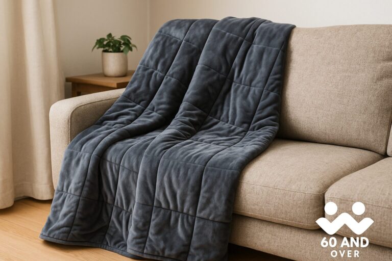 Blog List 8 Weighted blanket draped on bed with 60 And Over logo