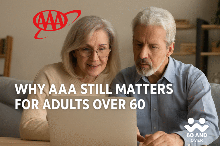 Blog List 10 Older adults using a laptop to explore AAA membership benefits, with 60AndOver.net branding.
