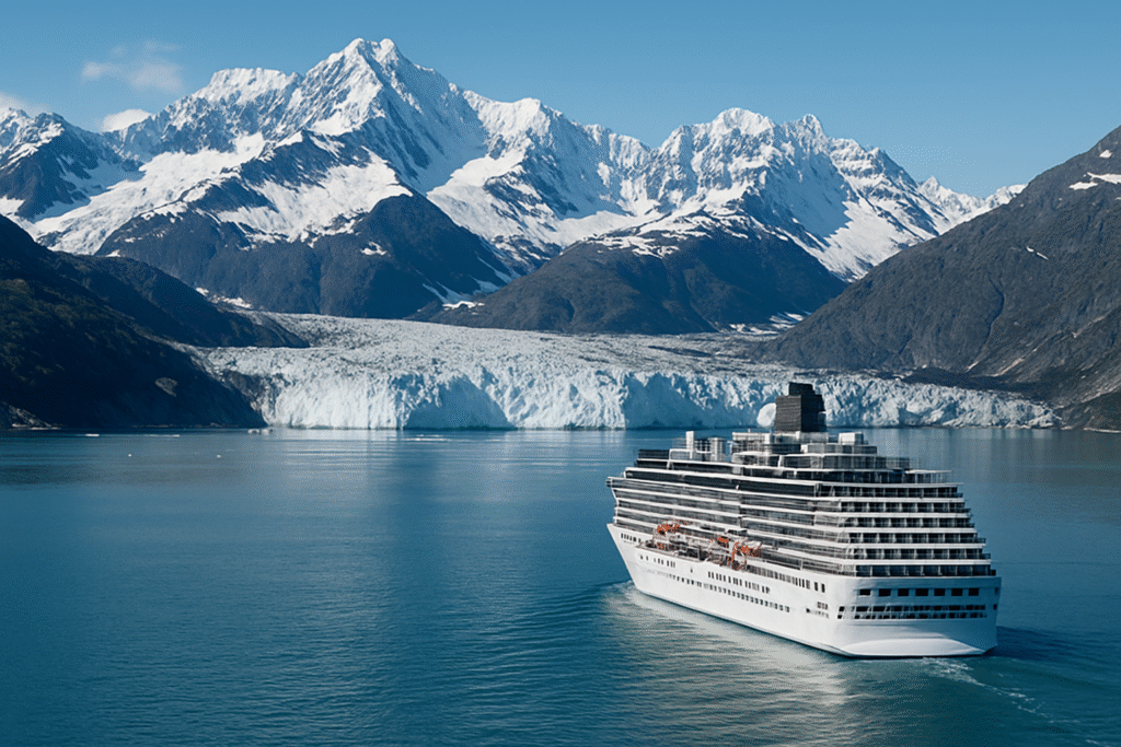 2025 Best Alaska Cruise Deals for Seniors 3 Cruise ship passing glaciers in Alaska, affordable senior-friendly cruise