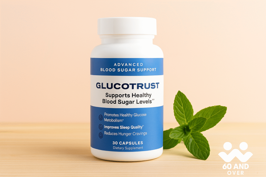 GlucoTrust supplement bottle with 60AndOver.net logo – Blood Sugar Support Review