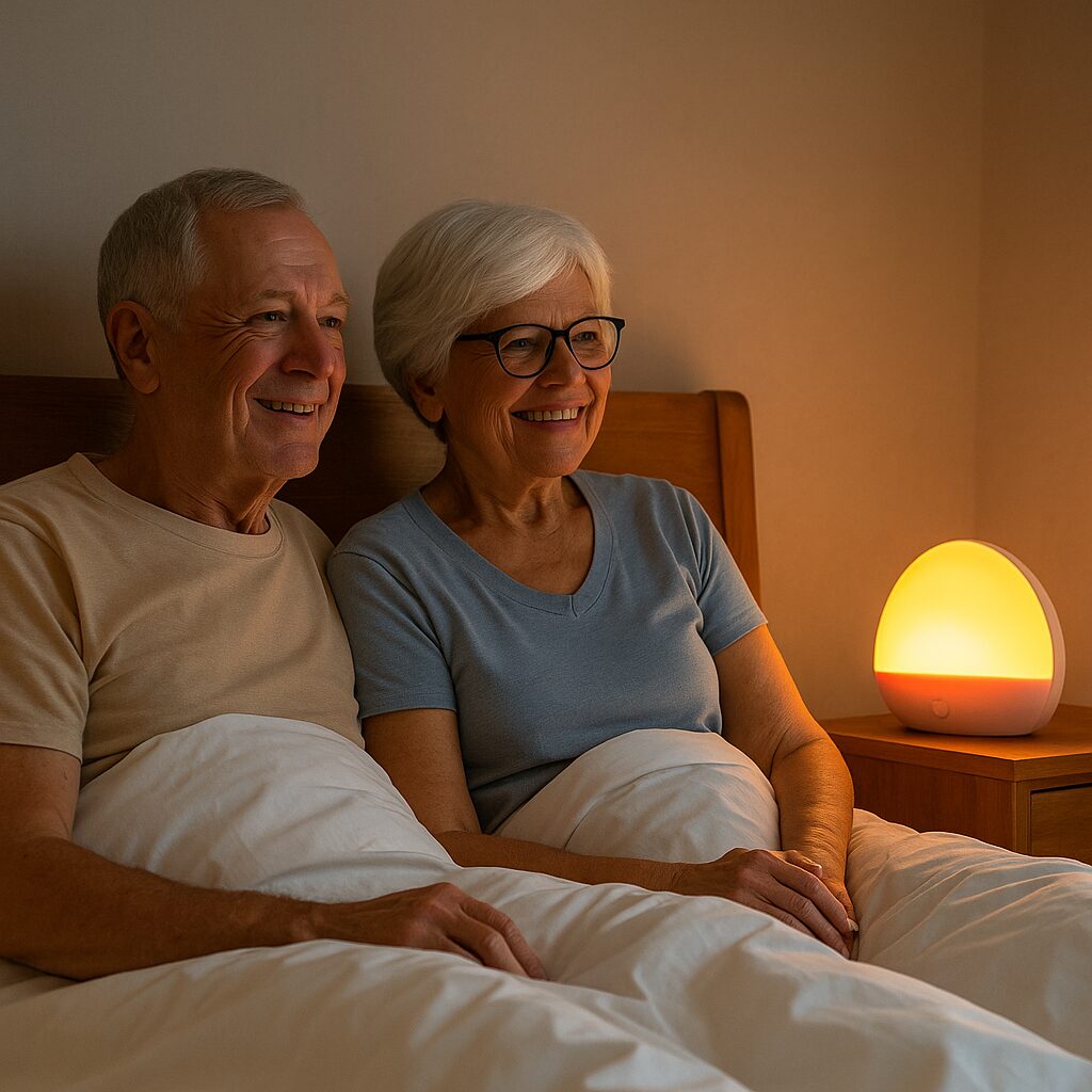 Hatch Restore Sunrise Clock Review: A Modern Wake-Up Option for Seniors and Older Adults 5 smiling adults in bed with clock on night stand