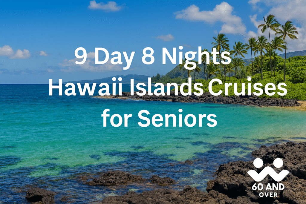 9 Day 8 Nights Hawaii Islands Cruises for Seniors – Scenic Hawaii coastline with turquoise water, palm trees, and logo branding