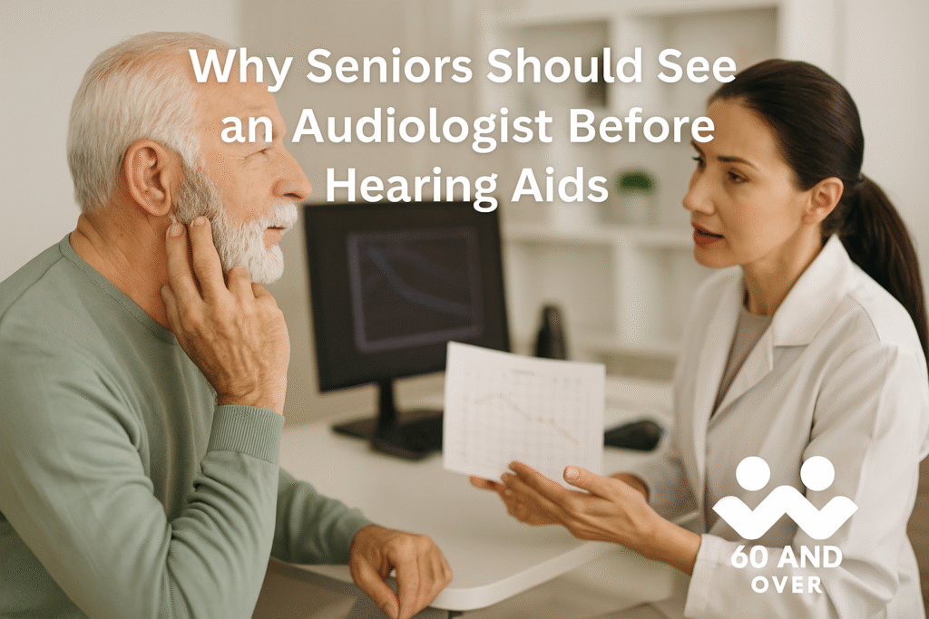 Elderly man consulting with an audiologist about hearing health and hearing aids.