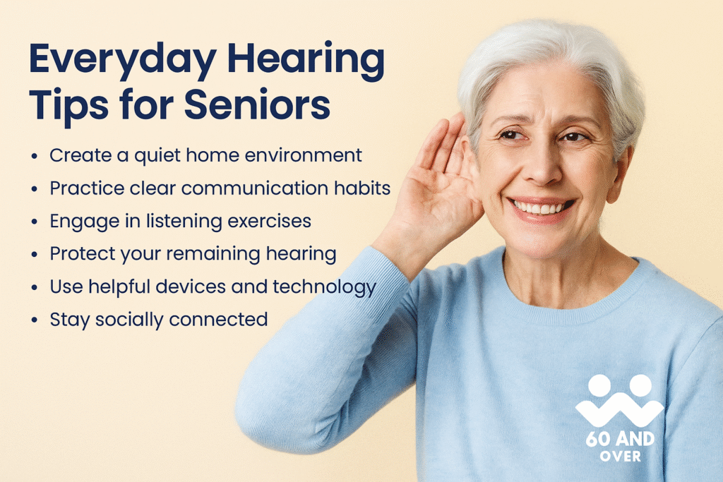 Everyday Hearing Tips for Seniors: Simple Strategies for Better Communication 2 Senior couple smiling and talking in a cozy living room, symbolizing everyday hearing tips for better communication.