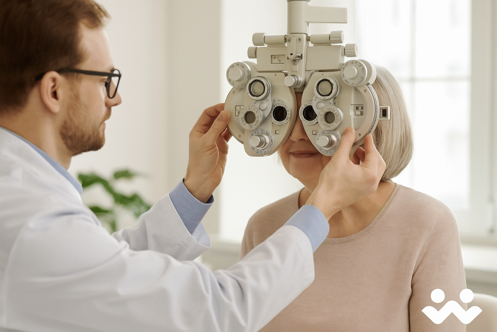 Eye Conditions & Care: Protecting Sight and Confidence After 60 2 Senior woman undergoing an eye exam with an optometrist adjusting the phoropter, representing senior vision care and eye condition management after 60.