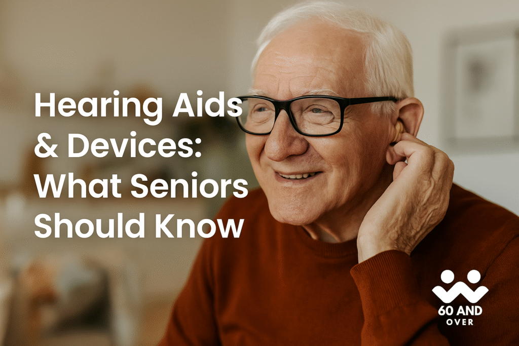 Hearing Aids & Devices: What Seniors Should Know 2 Hearing aids and eyeglasses on a table with warm lighting, representing senior hearing care.