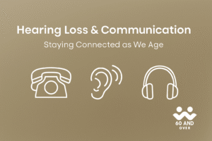 Graphic illustration showing ear, sound waves, and a speech bubble, symbolizing hearing loss and communication for seniors.